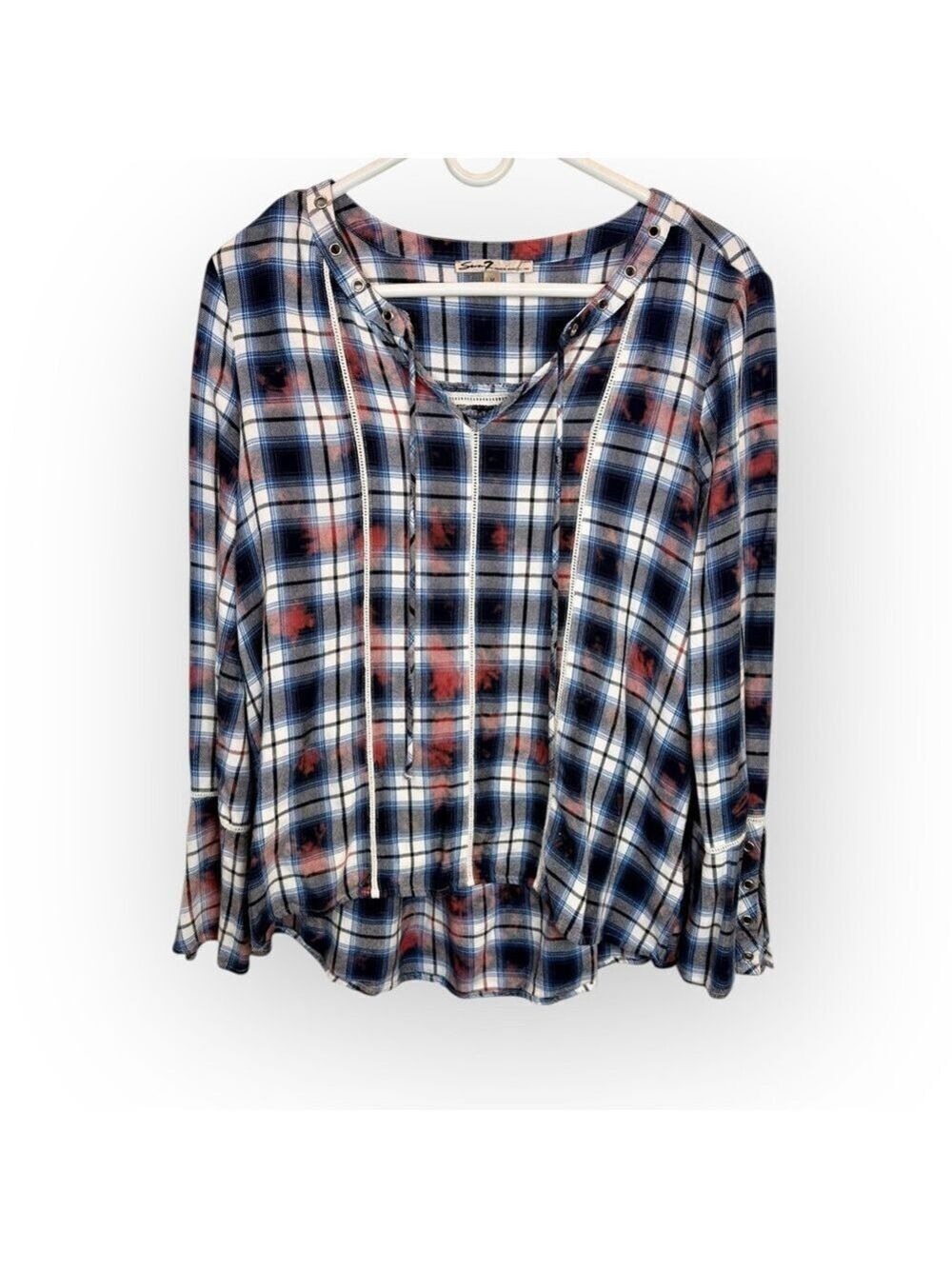 Seven7 Plaid Flannel Tunic Top Lace Up Tie Dye Bleach Medium